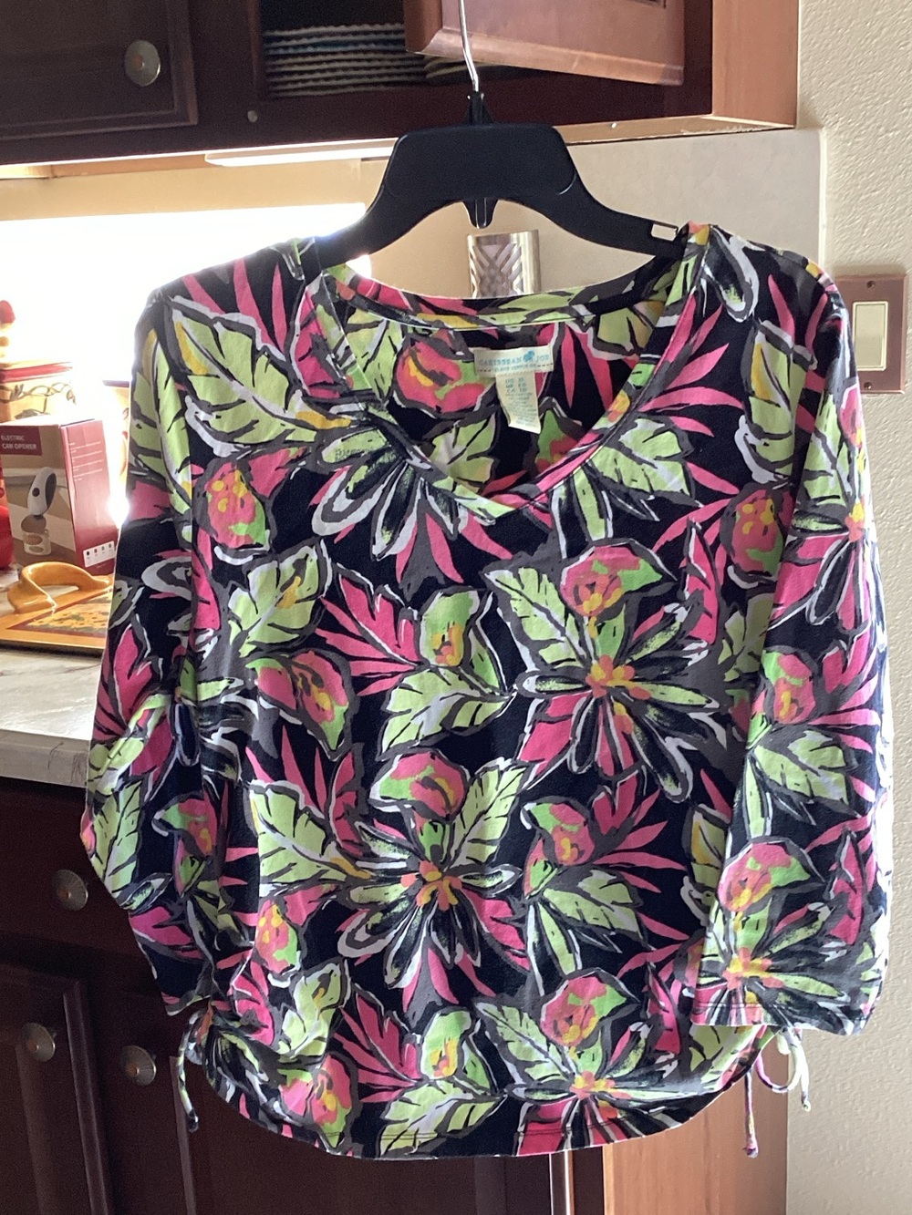 Caribbean Joe Black Top with Pink and Lime Floral Print